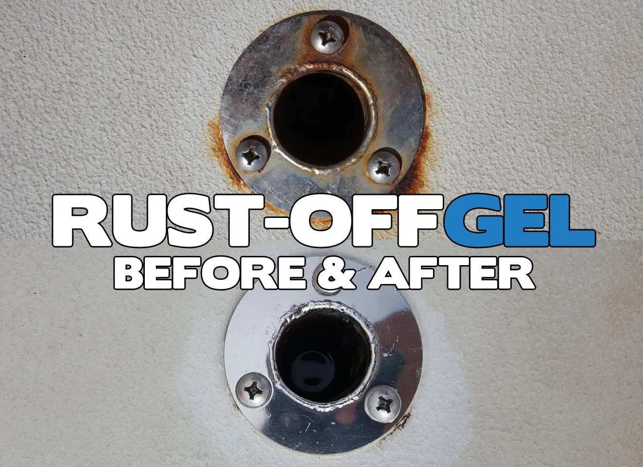 Before and after — rusted boat fitting flange treated with CFS RustOff Gel