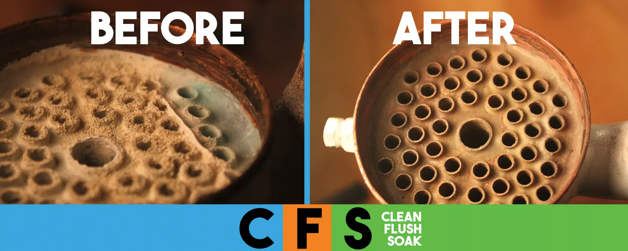 Before and after — heat exchanger tube bundle heavily scaled with calcium deposits, fully cleaned after CFS Descaler treatment