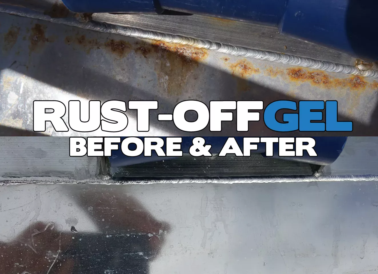 Before and after — rusted welded steel structure treated with CFS RustOff Gel